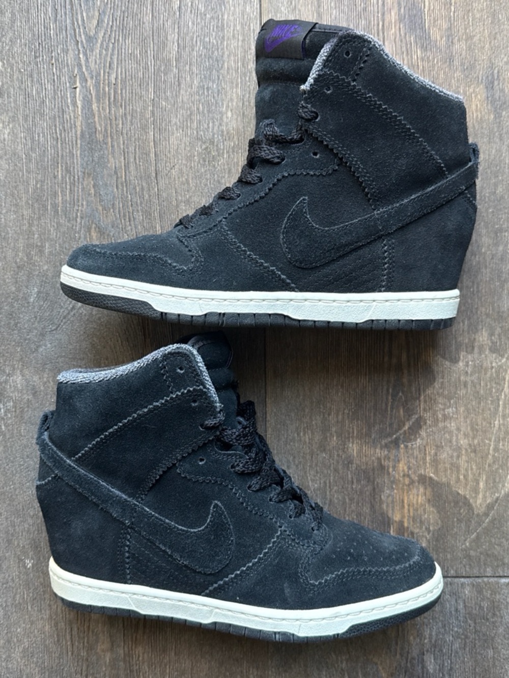 Nike Women’s Sky Hi Dunk Black Suede Wedge High-Top Sneakers with White Midsole